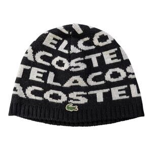 Lacoste Wool Beanie Black White Knit Hat Logo Print Crocodile Winter Ski Cap